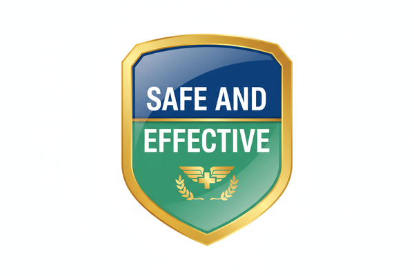 Safe and Effective badge with white backgurd